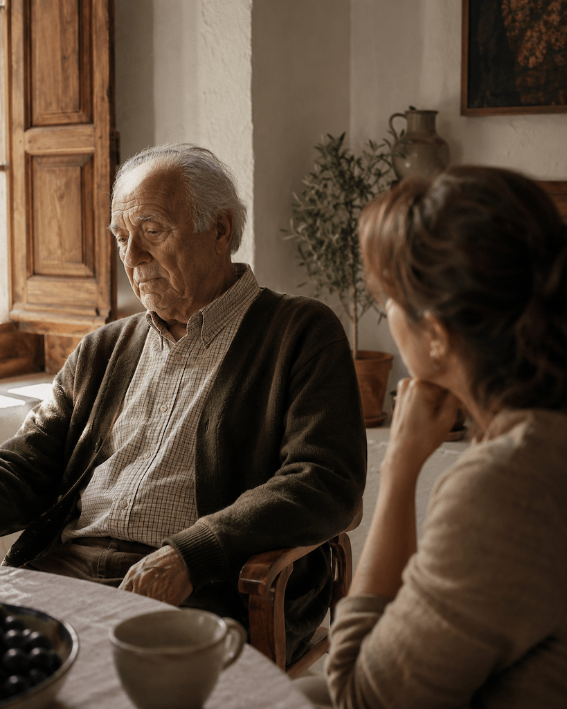 Älterer Mann am Tisch in mediterranem Haus, Tochter im Vordergrund