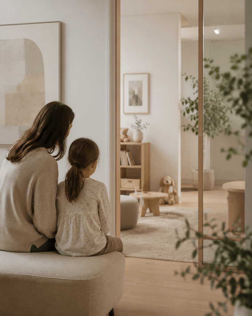 Mutter und Tochter sitzen ruhig zusammen, Blick in ein aufgeräumtes Kinderzimmer