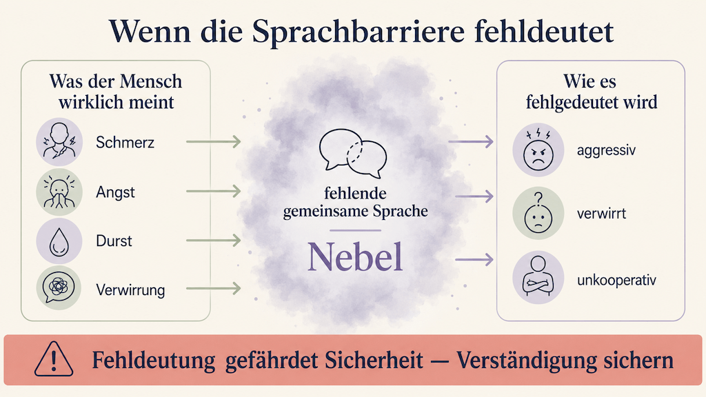 Grafik: Schmerz, Angst, Durst und Verwirrung werden ohne gemeinsame Sprache als aggressiv, verwirrt oder unkooperativ fehlgedeutet (KI-generiert) (KI-generiert)