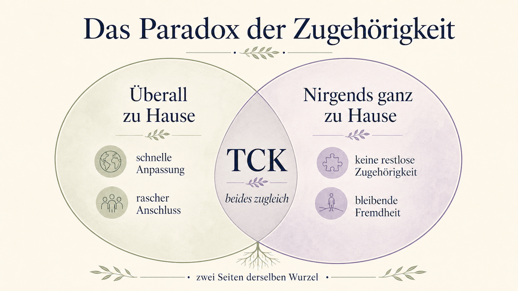 Grafik: Ein Third Culture Kid ist überall und zugleich nirgends ganz zu Hause (KI-generiert)