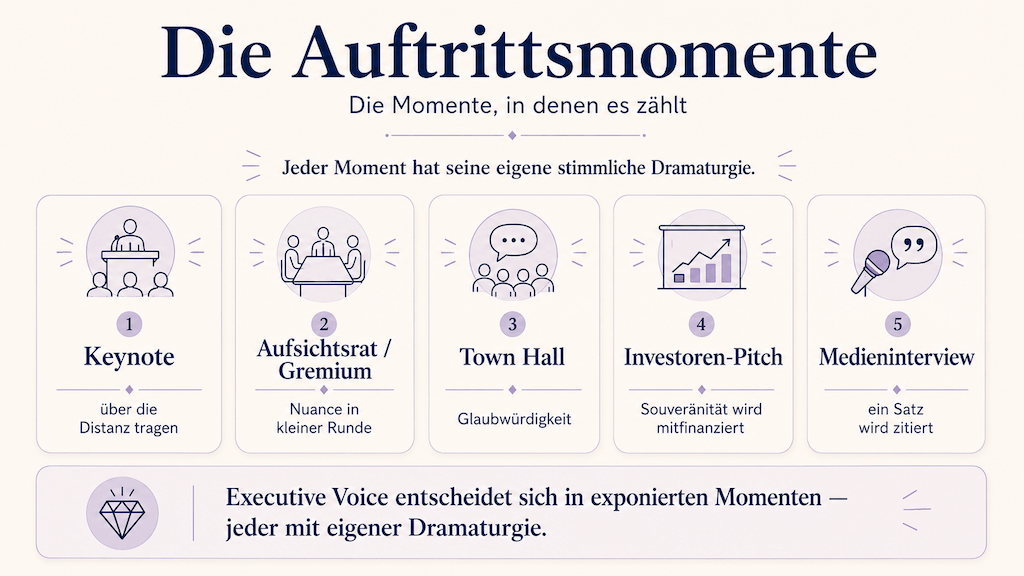 Übersicht der fünf Auftrittsmomente mit ihrer jeweiligen stimmlichen Anforderung