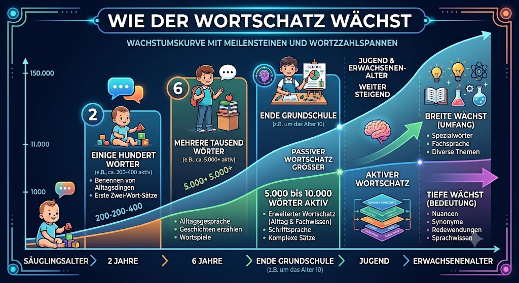 Wachstumskurve des Wortschatzes vom Kleinkind- bis ins Jugendalter mit typischen Wortschatz-Spannen