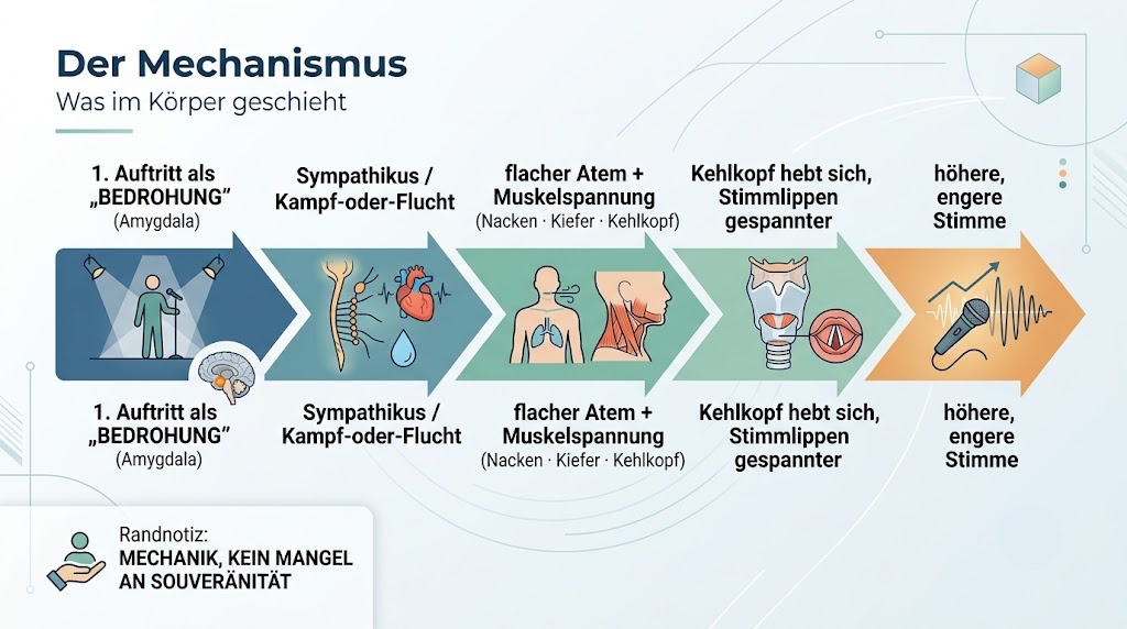 Ursachenkette: Stressreaktion führt über flachen Atem und Muskelspannung zu höherer Stimme