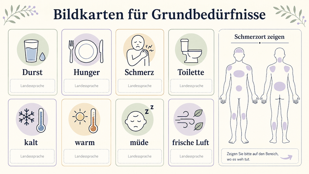 Vorlage für Bildkarten der Grundbedürfnisse mit Symbol, deutschem Wort und Übersetzung (KI-generiert) (KI-generiert)