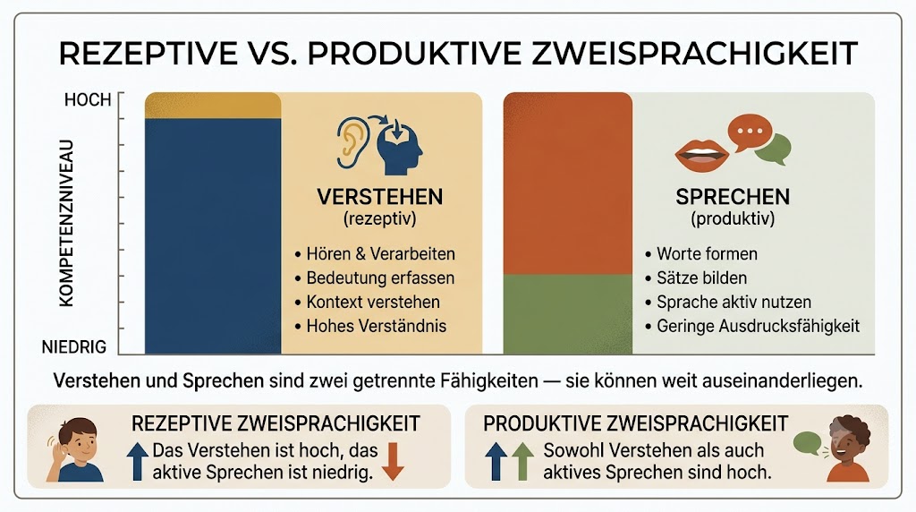Grafik: Verstehen und aktives Sprechen als zwei getrennte Fähigkeiten — bei rezeptiver Zweisprachigkeit ist das Verstehen hoch, das Sprechen niedrig