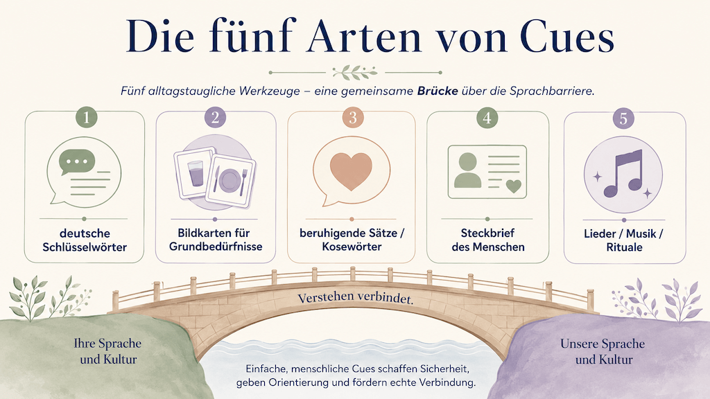Übersicht der fünf Arten von Cues: Schlüsselwörter, Bildkarten, beruhigende Sätze, Steckbrief, Lieder (KI-generiert) (KI-generiert)