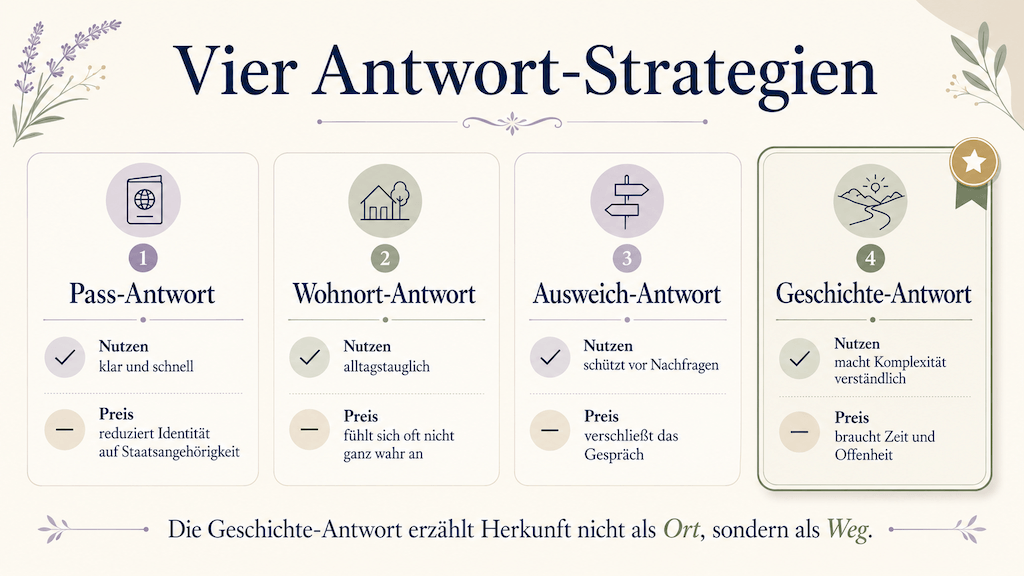 Vier Strategien, wie Third Culture Kids die Herkunftsfrage beantworten, mit Nutzen und Preis (KI-generiert)