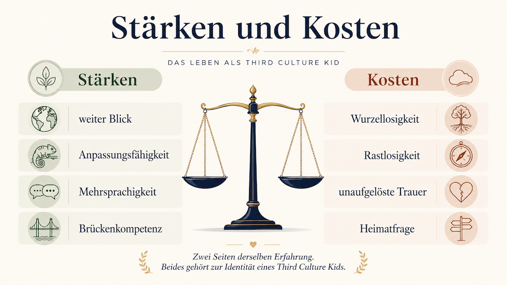 Gegenüberstellung der Stärken und Kosten eines Third Culture Kids (KI-generiert)