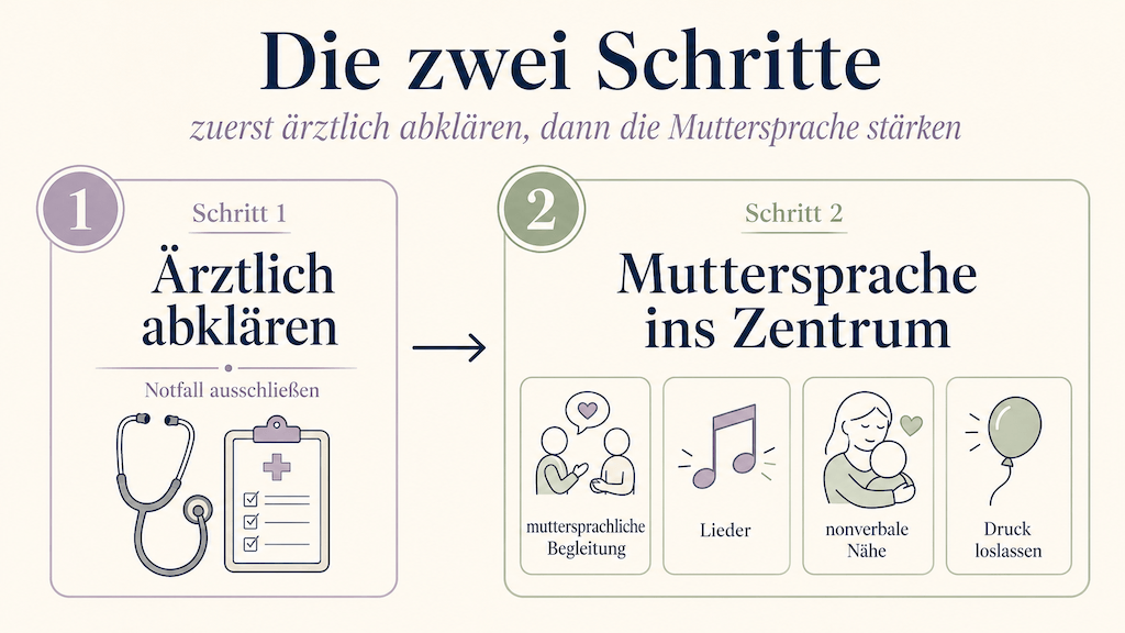 Grafik der zwei Schritte: zuerst ärztlich abklären, dann die Muttersprache ins Zentrum rücken (KI-generiert) (KI-generiert)