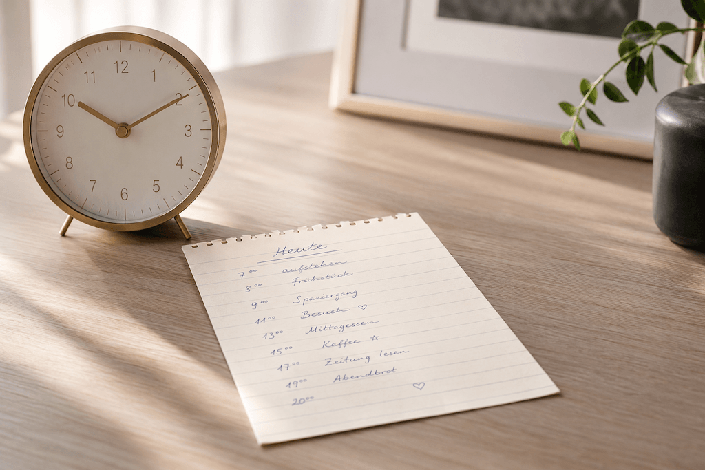 Handschriftliche Tagesstruktur neben einer Uhr