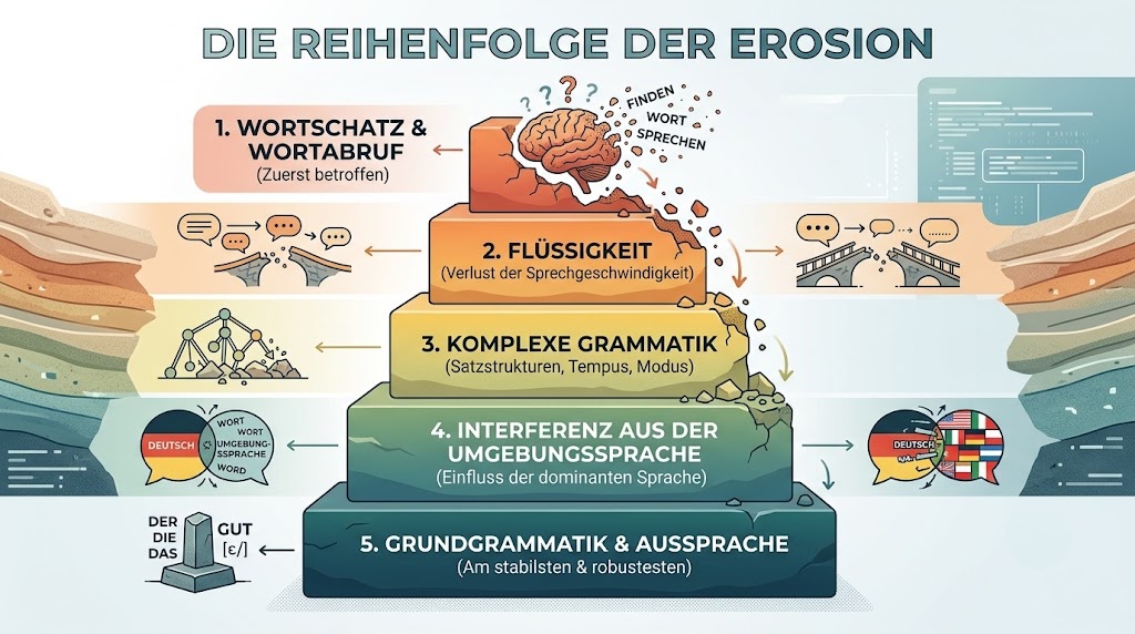Grafik der Reihenfolge der Sprach-Erosion: zuerst Wortschatz und Wortabruf, dann Flüssigkeit, komplexe Grammatik, Interferenz, zuletzt Grundgrammatik und Aussprache