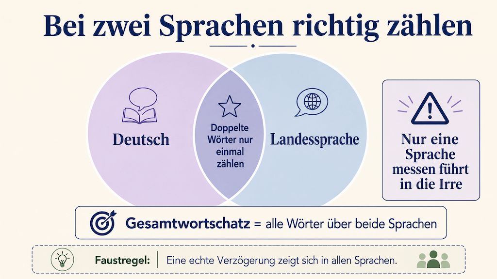 Schaubild: Bei mehrsprachigen Kindern den Wortschatz über beide Sprachen zusammen zählen (KI-generiert) (KI-generiert)