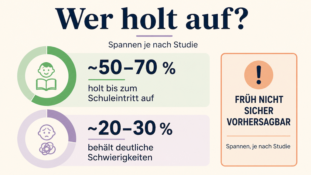 Grafik: Die Mehrheit der Late Talker holt auf, ein erheblicher Teil nicht; früh nicht sicher vorhersagbar (KI-generiert) (KI-generiert)