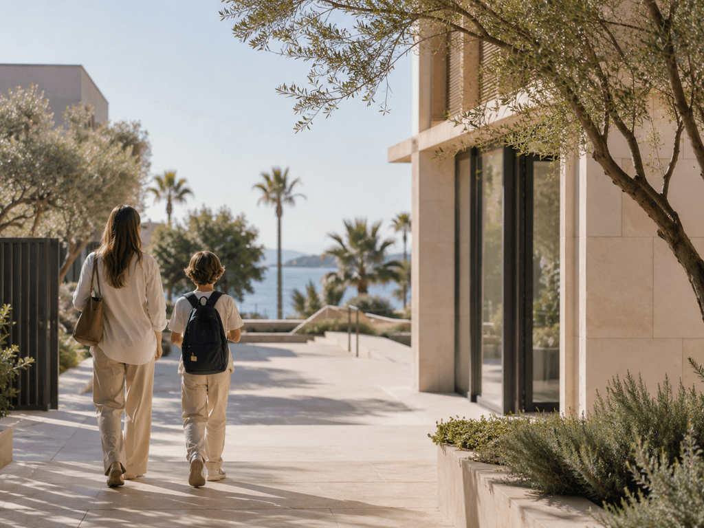 Mutter und Junge mit Rucksack auf dem Weg zur Schule, mediterrane Architektur, Meer im Hintergrund