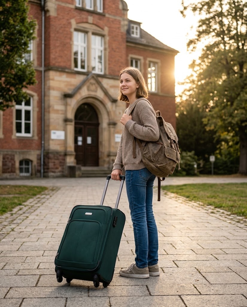 Jugendliche mit Koffer und Rucksack vor einem Internatsgebäude in Deutschland.