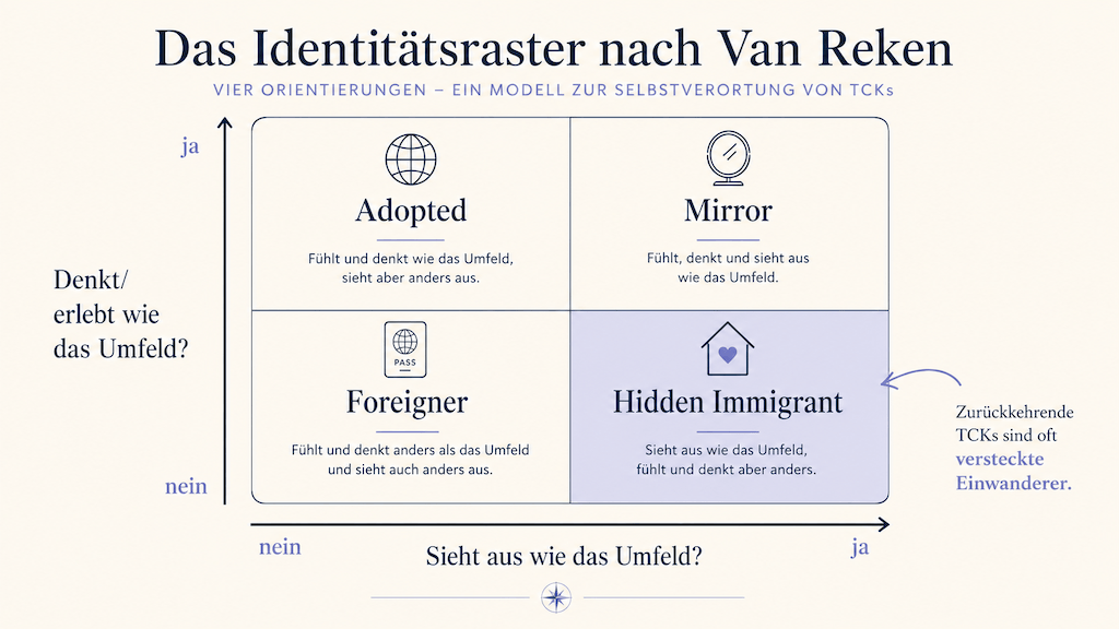 Vier-Felder-Matrix nach Van Reken: Foreigner, Hidden Immigrant, Adopted und Mirror als vier Orientierungen zur Umgebung (KI-generiert)