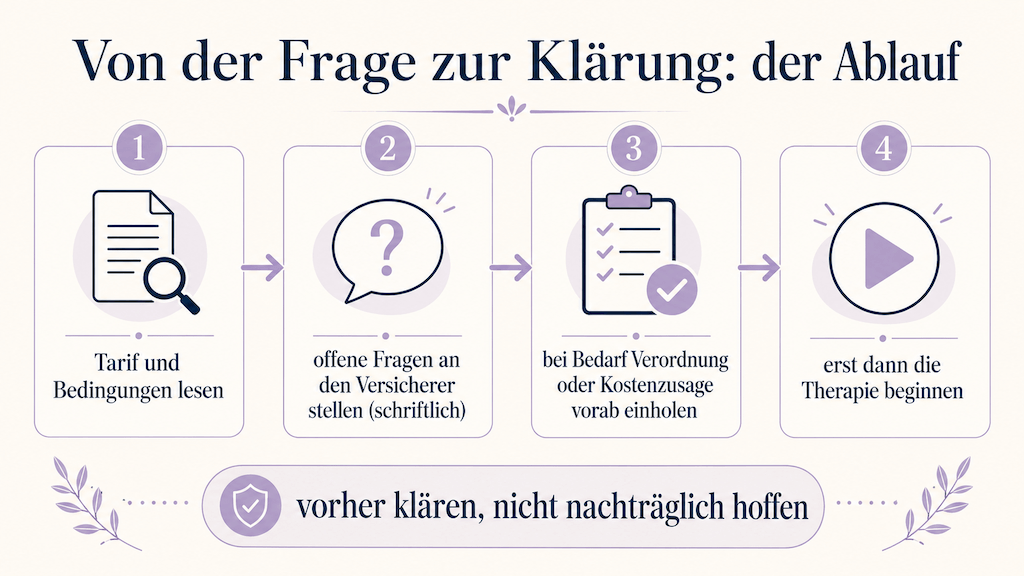 Vierschrittiger Ablauf: Bedingungen lesen, Fragen schriftlich stellen, Verordnung oder Kostenzusage einholen, dann die Therapie beginnen (KI-generiert) (KI-generiert)