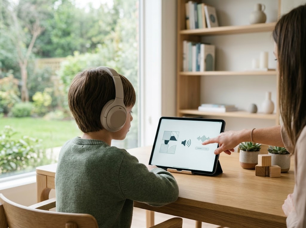 Kind mit Kopfhörer und Therapeutin am Tablet — Online-Sitzung
