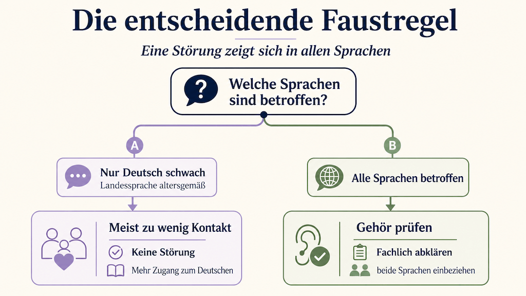 Entscheidungsgrafik: Ist nur das Deutsche schwach, geht es um Kontakt; sind alle Sprachen betroffen, Gehör prüfen und fachlich abklären (KI-generiert) (KI-generiert)