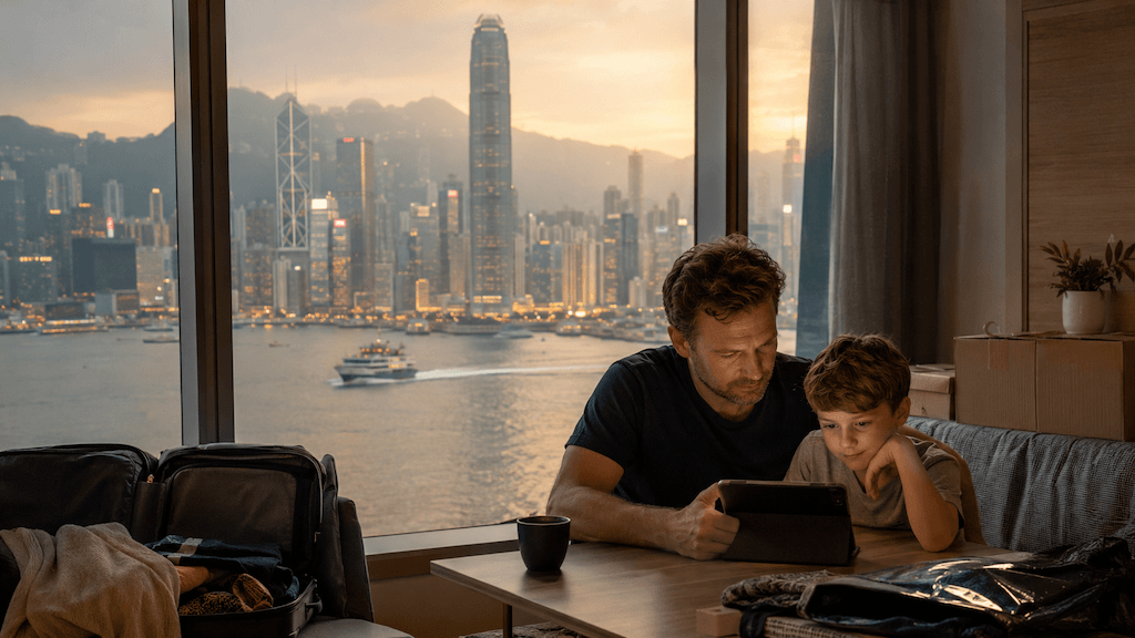 Vater und Sohn am Tablet, halb gepackte Koffer, Blick auf Victoria Harbour