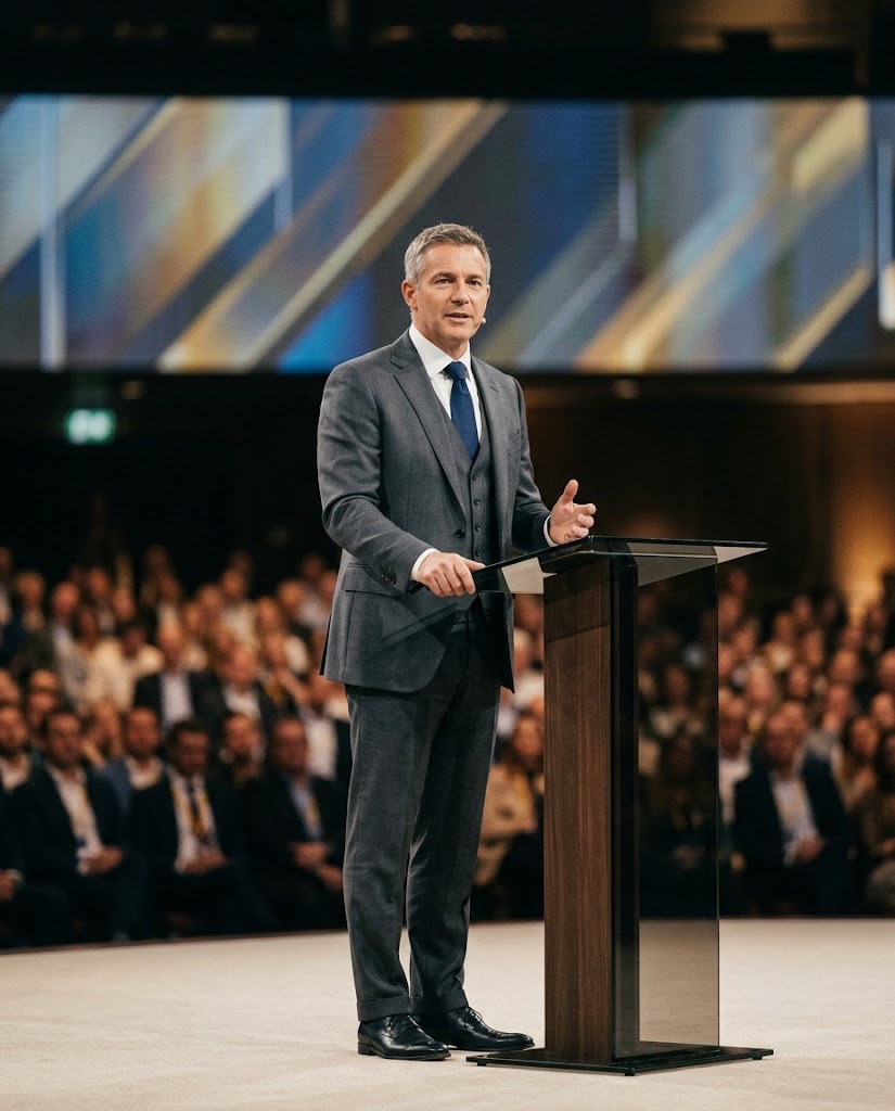 Redner hält eine Keynote am Pult vor großem Publikum.