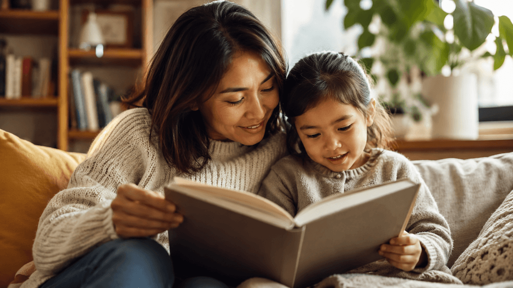 Eltern und Kind beim gemeinsamen Lesen — mehr Kontakt zum Deutschen als häufigste Antwort