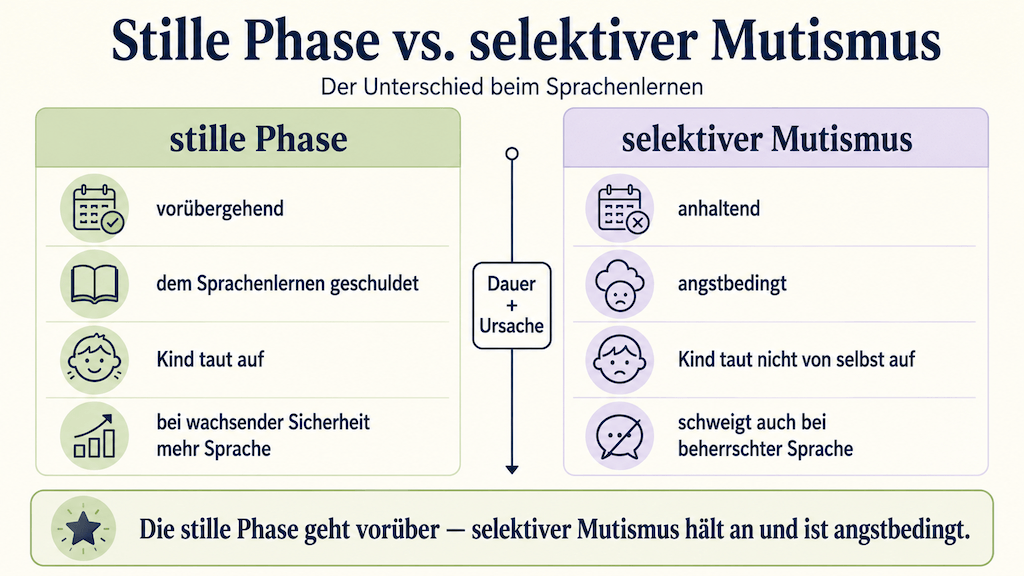 Gegenüberstellung: normale stille Phase (vorübergehend, Lernen) versus selektiver Mutismus (anhaltend, Angst) (KI-generiert) (KI-generiert)
