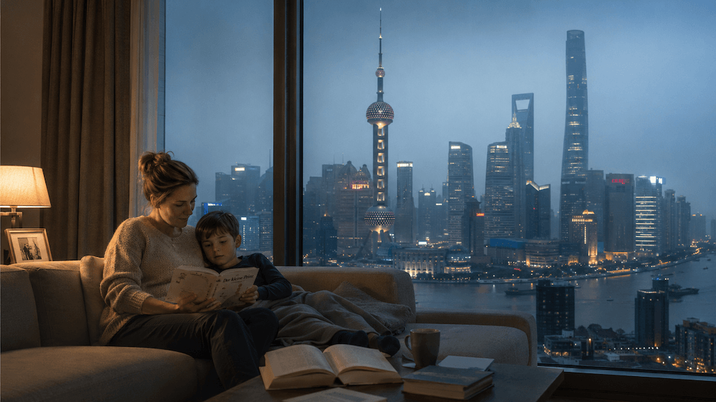Mutter liest ihrem Sohn vor, Blick auf die Skyline von Pudong