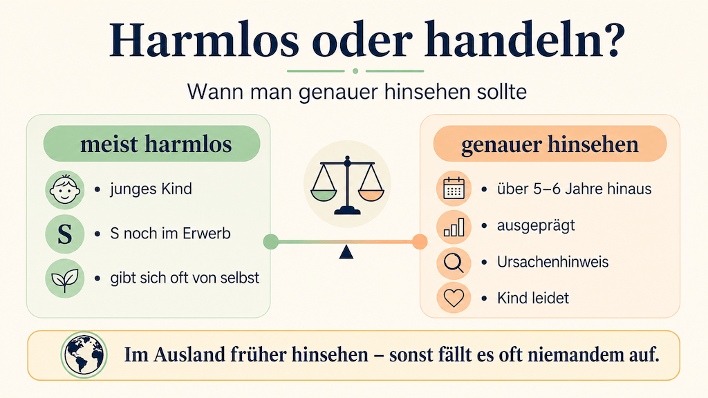 Grafik: wann Lispeln harmlos ist und wann man handeln sollte, mit dem Auslands-Hinweis (KI-generiert) (KI-generiert)