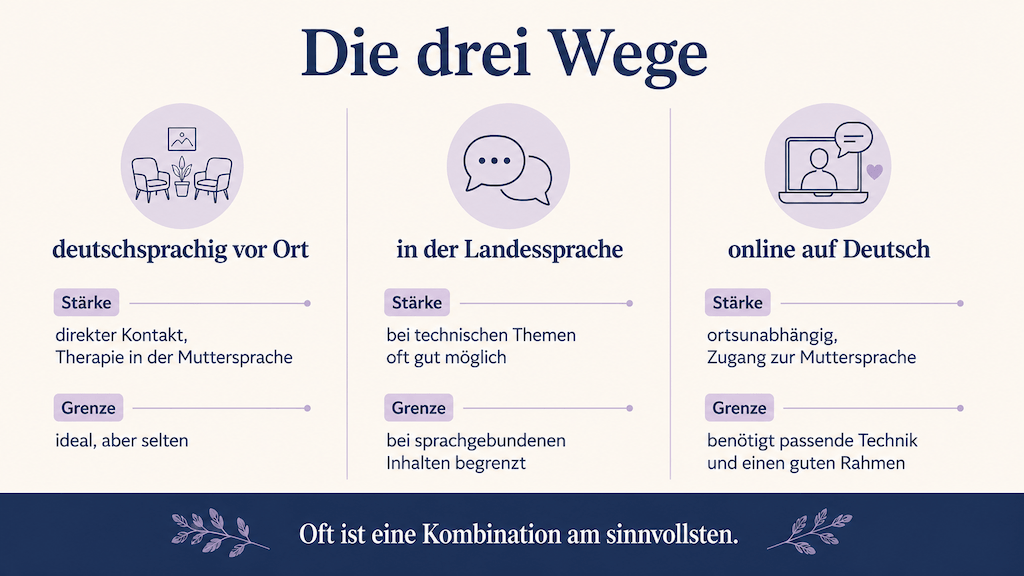 Grafik der drei Wege zur Sprachtherapie im Ausland: deutschsprachig vor Ort, in der Landessprache, online (KI-generiert) (KI-generiert)
