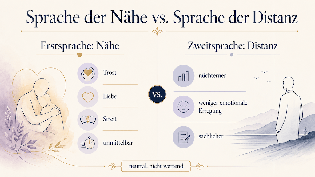 Gegenüberstellung: die Muttersprache als Sprache der Nähe, die Fremdsprache als Sprache der Distanz (KI-generiert)