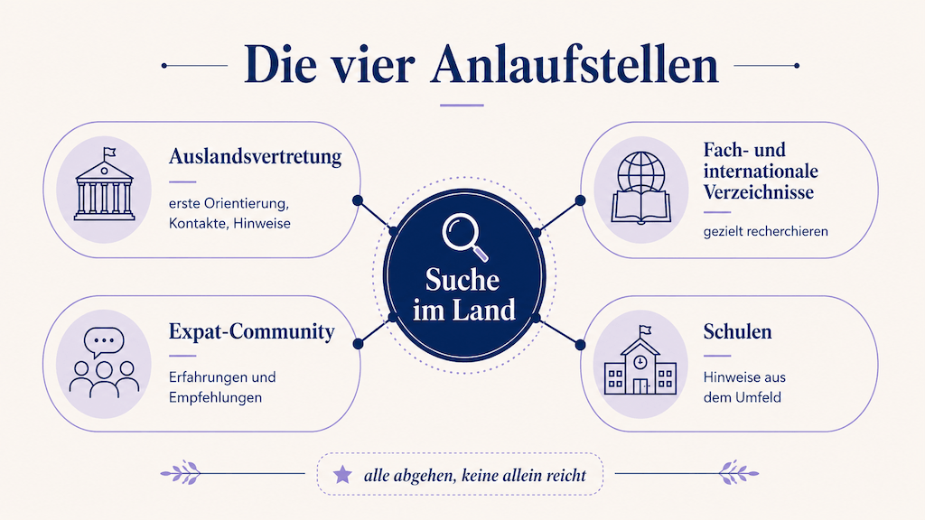 Grafik der vier Anlaufstellen für die Suche nach deutschsprachigen Logopäden: Botschaft, Verzeichnisse, Community, Schulen (KI-generiert) (KI-generiert)