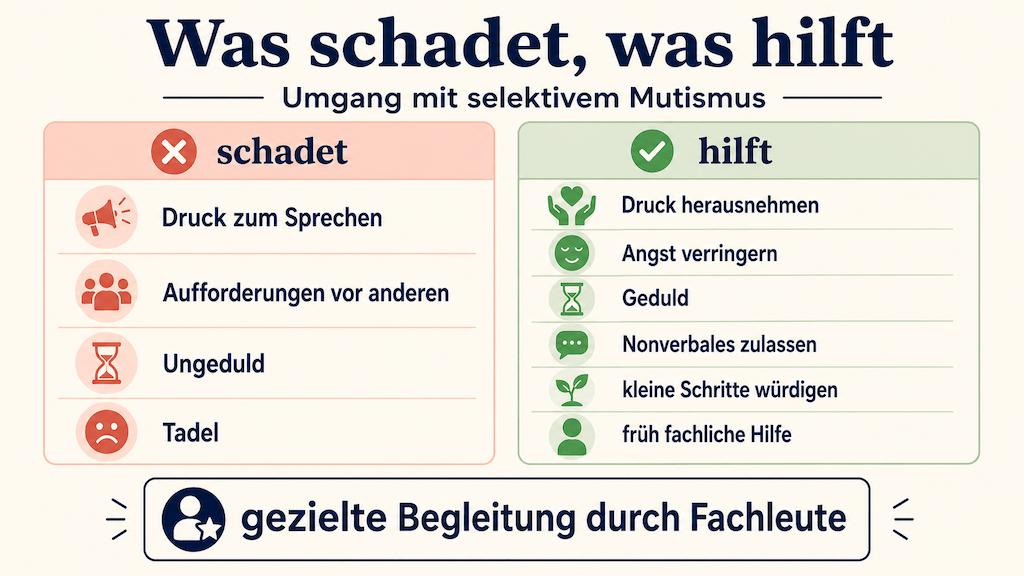 Gegenüberstellung: Druck schadet, angstreduzierender geduldiger Umgang hilft bei selektivem Mutismus (KI-generiert) (KI-generiert)