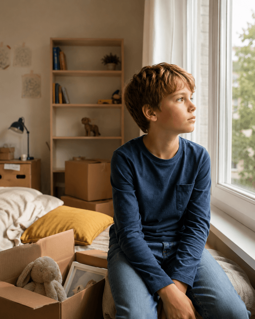 Kind mit Umzugskartons blickt aus dem Fenster — die stillen Kosten eines Umzugs (KI-generiert)