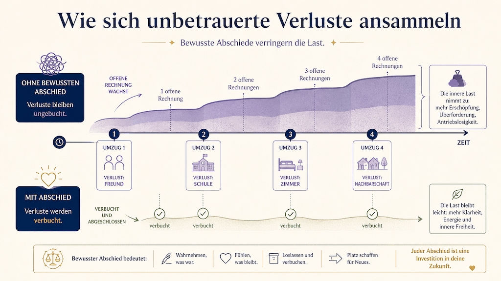 Zeitleiste: unbetrauerte Verluste summieren sich über mehrere Umzüge; bewusste Abschiede verringern die Last (KI-generiert)
