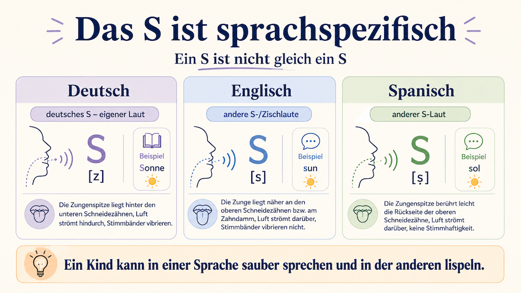 Grafik: Die S-Laute unterscheiden sich zwischen Sprachen; das deutsche S ist ein eigener Laut (KI-generiert) (KI-generiert)
