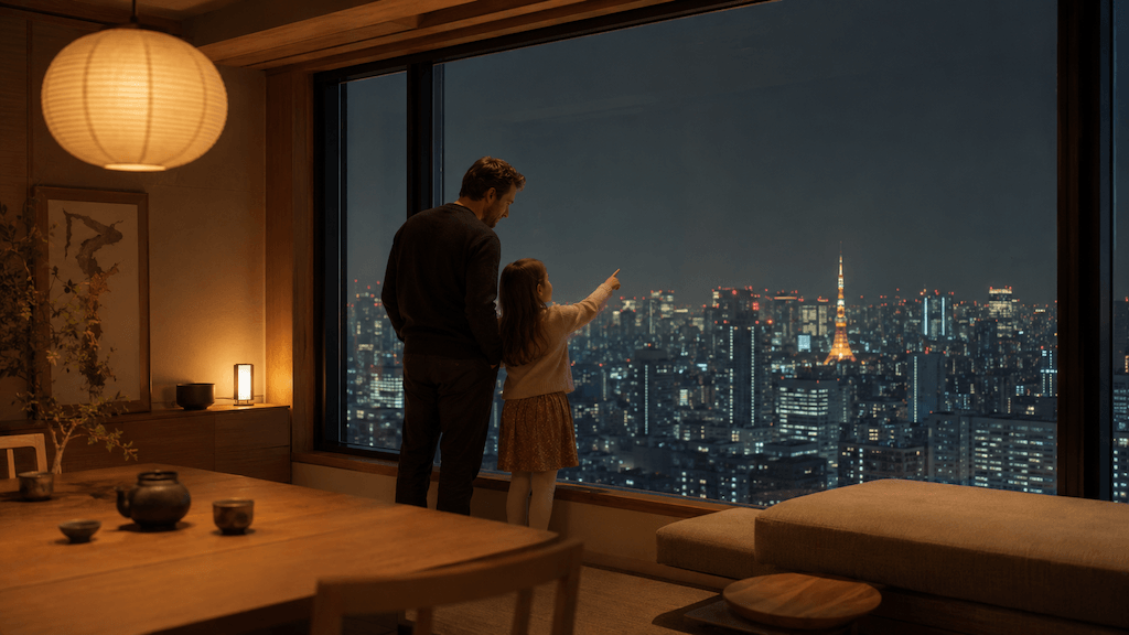 Vater und Tochter am Fenster mit Blick auf Tokio bei Nacht