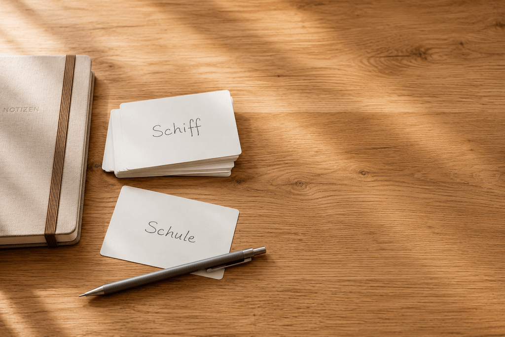 Therapie-Karteikarten mit deutschen Wörtern auf Holztisch (KI-generiert)