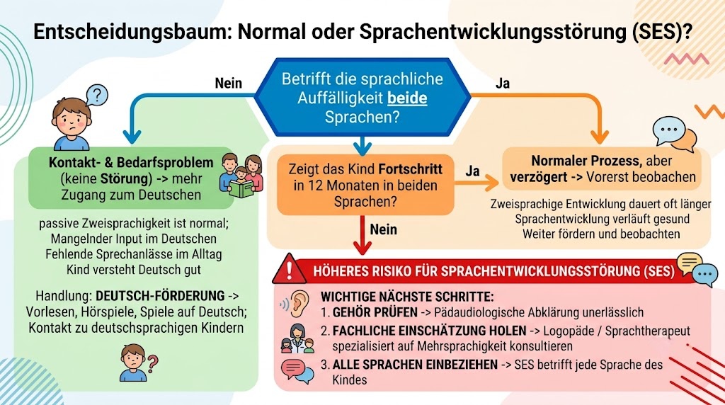 Entscheidungsbaum zur Abgrenzung von normaler passiver Zweisprachigkeit und Sprachentwicklungsstörung: betrifft es beide Sprachen, Fortschritt in 12 Monaten, Gehör prüfen