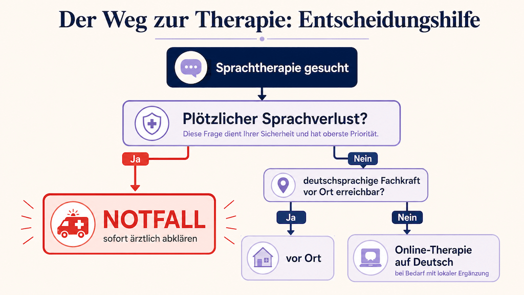 Entscheidungsbaum: bei plötzlichem Sprachverlust Notfall; sonst vor Ort deutschsprachig oder online (KI-generiert) (KI-generiert)