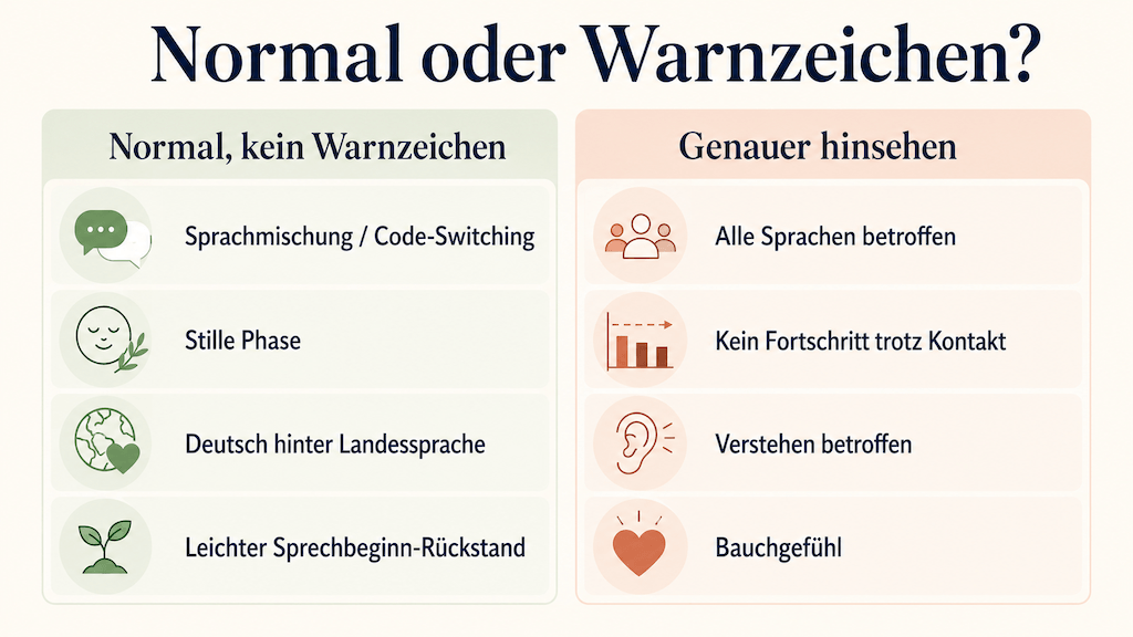 Gegenüberstellung normaler Erscheinungen der Mehrsprachigkeit und echter Warnzeichen (KI-generiert) (KI-generiert)