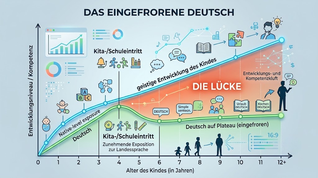 Grafik zweier Linien: Das Kind entwickelt sich weiter, das Deutsch bleibt auf einem Plateau — die Lücke wächst