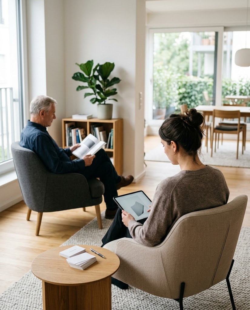 Therapeutin mit Tablet und älterer Herr, der im Sessel ein Buch liest — helles Wohnzimmer mit Fensterfront und Terrassenblick