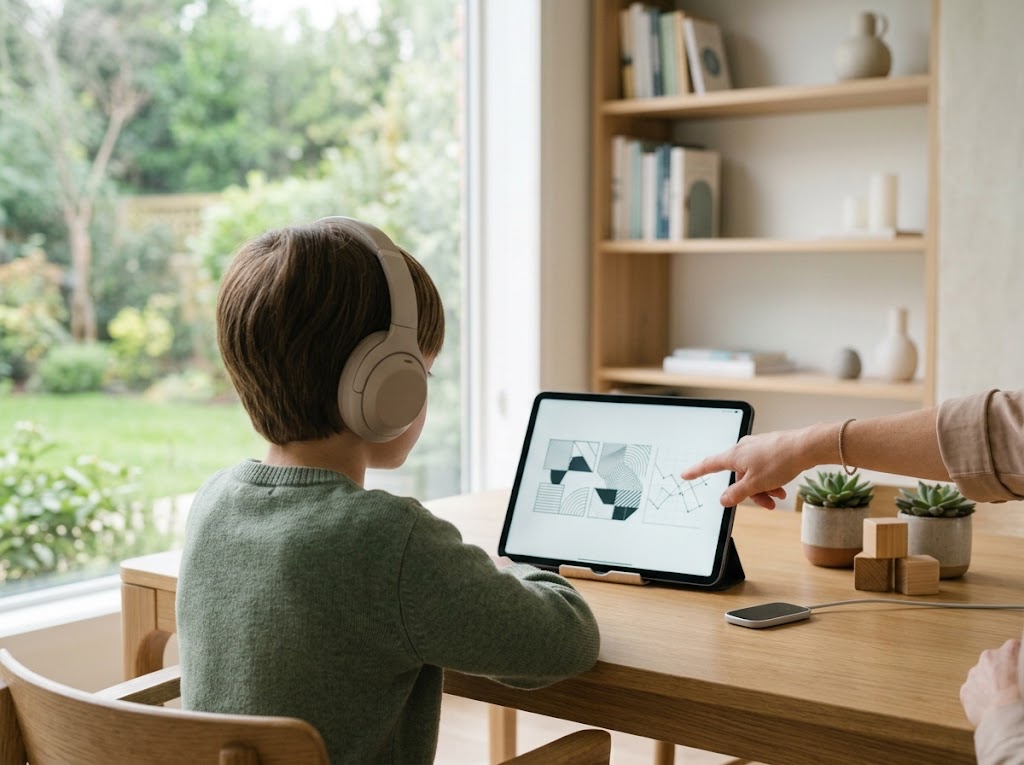 Kind mit Kopfhörer arbeitet konzentriert am Tablet