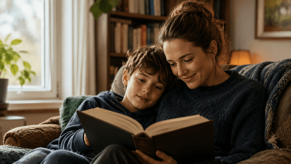 Kind und Elternteil lesen gemeinsam ein anspruchsvolleres deutsches Buch — Lesen als Tor zur Bildungssprache