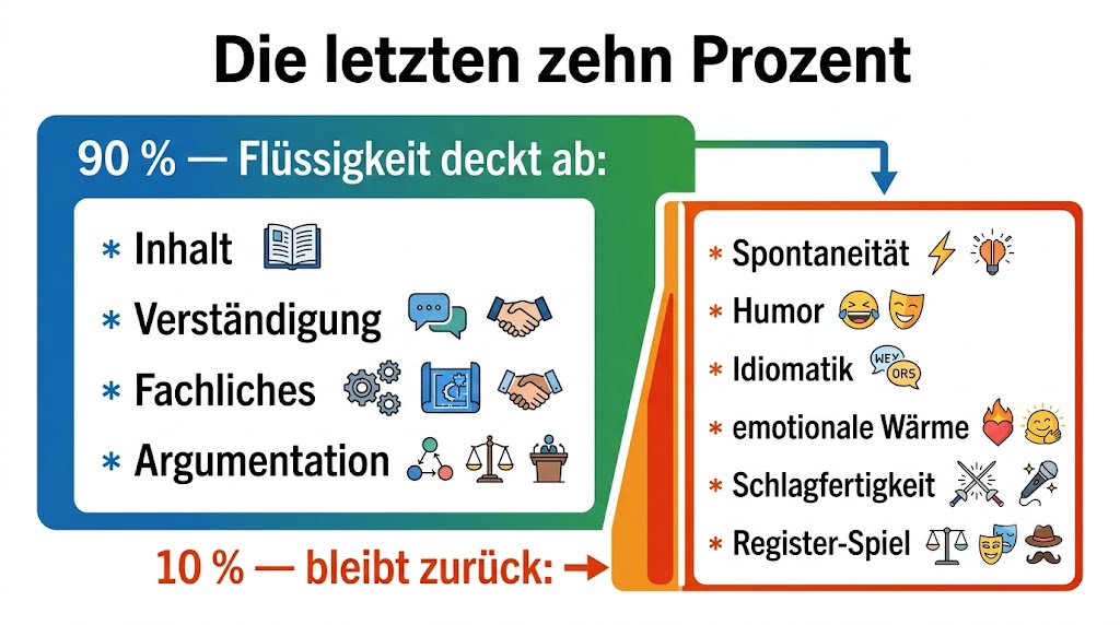 Grafik der letzten zehn Prozent: was Sprachflüssigkeit abdeckt und was in der Fremdsprache zurückbleibt
