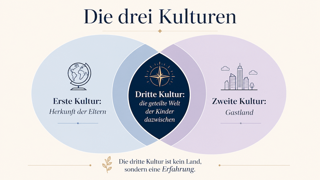 Grafik der drei Kulturen: Elternkultur und Gastlandkultur bilden zusammen die dritte Kultur des Third Culture Kids (KI-generiert)