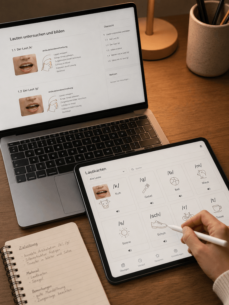 Laptop und Tablet mit deutschsprachigen Therapiematerialien