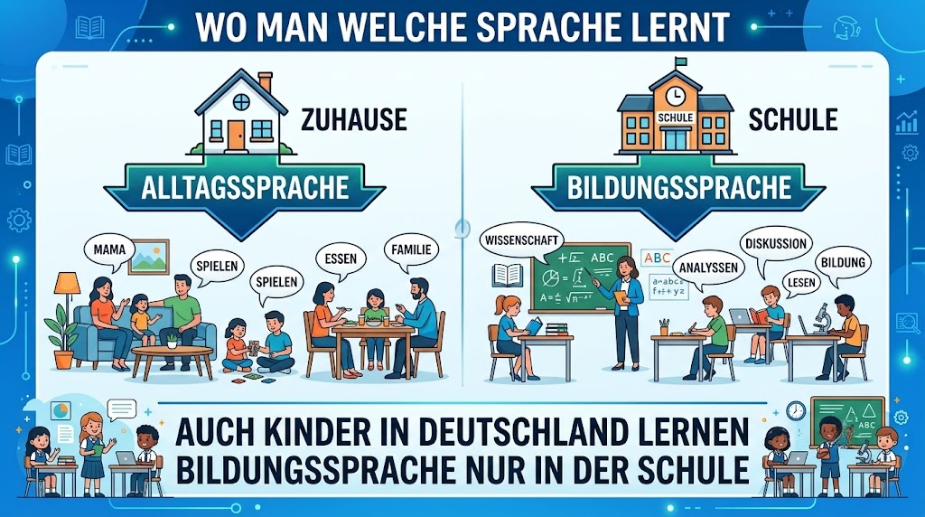 Grafik: Zuhause vermittelt Alltagssprache, die Schule vermittelt Bildungssprache