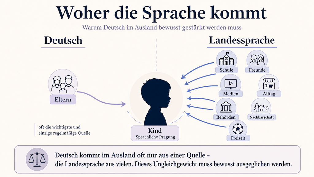 Grafik: Deutsch kommt im Ausland nur von den Eltern, die Landessprache aus vielen Quellen — das erklärt das Ungleichgewicht